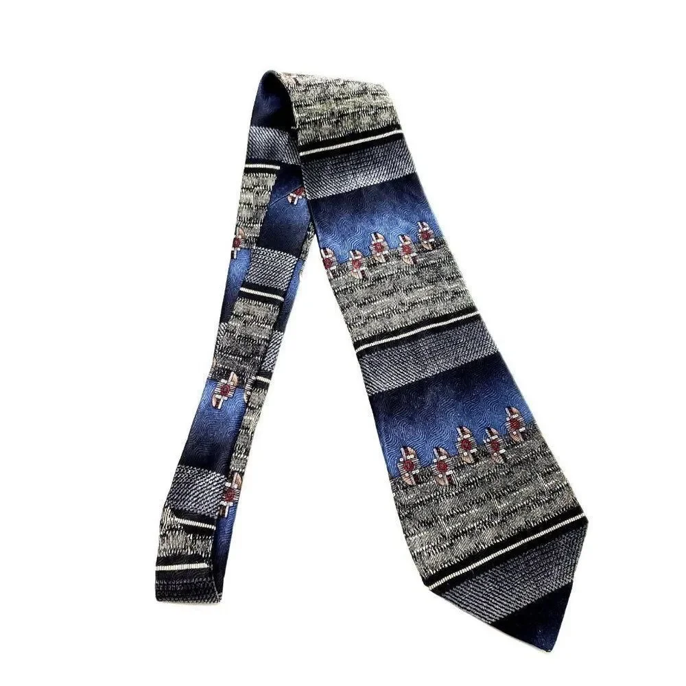 Chez Roffe Silk Tie Print Gray Blue Wide‎